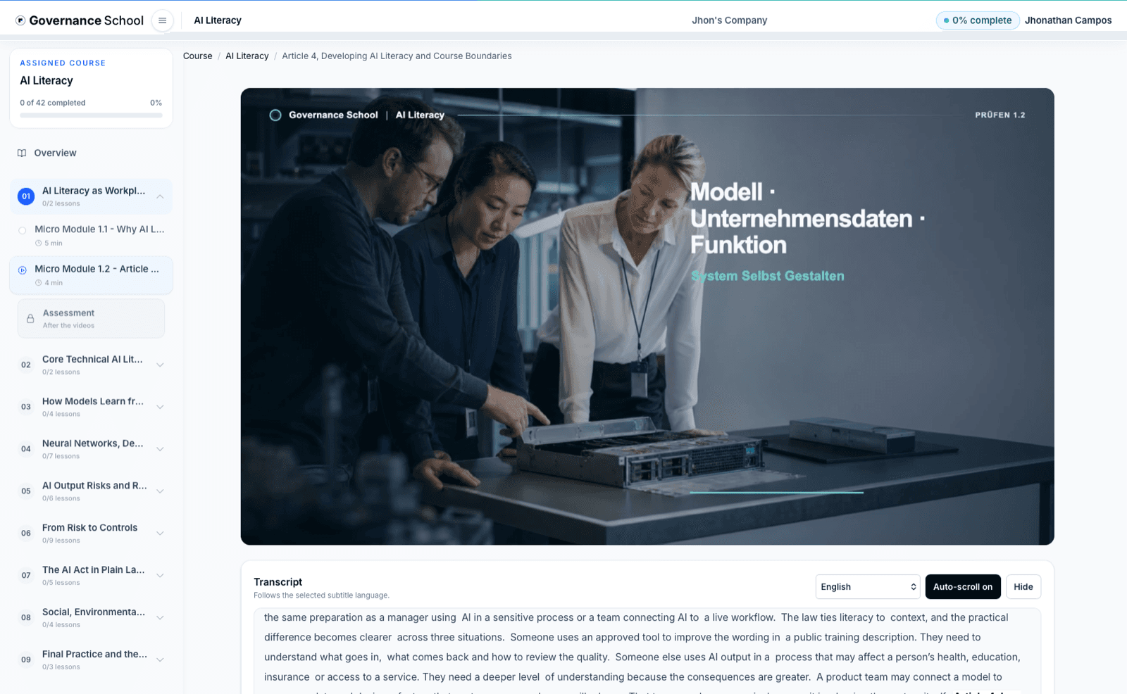 AI Literacy learner experience with course navigation, an editorial lesson frame and synchronized transcript