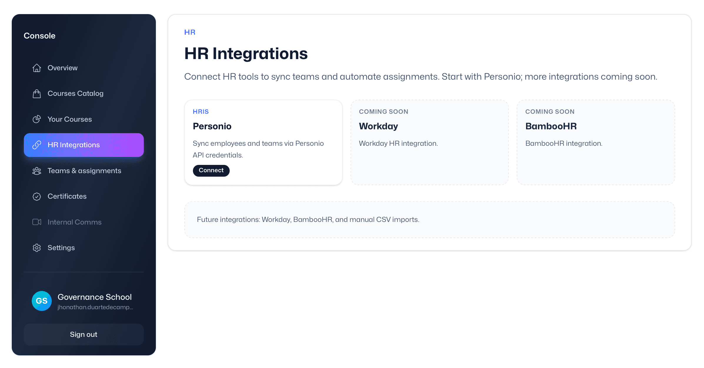 HR integrations — Personio, Workday, BambooHR