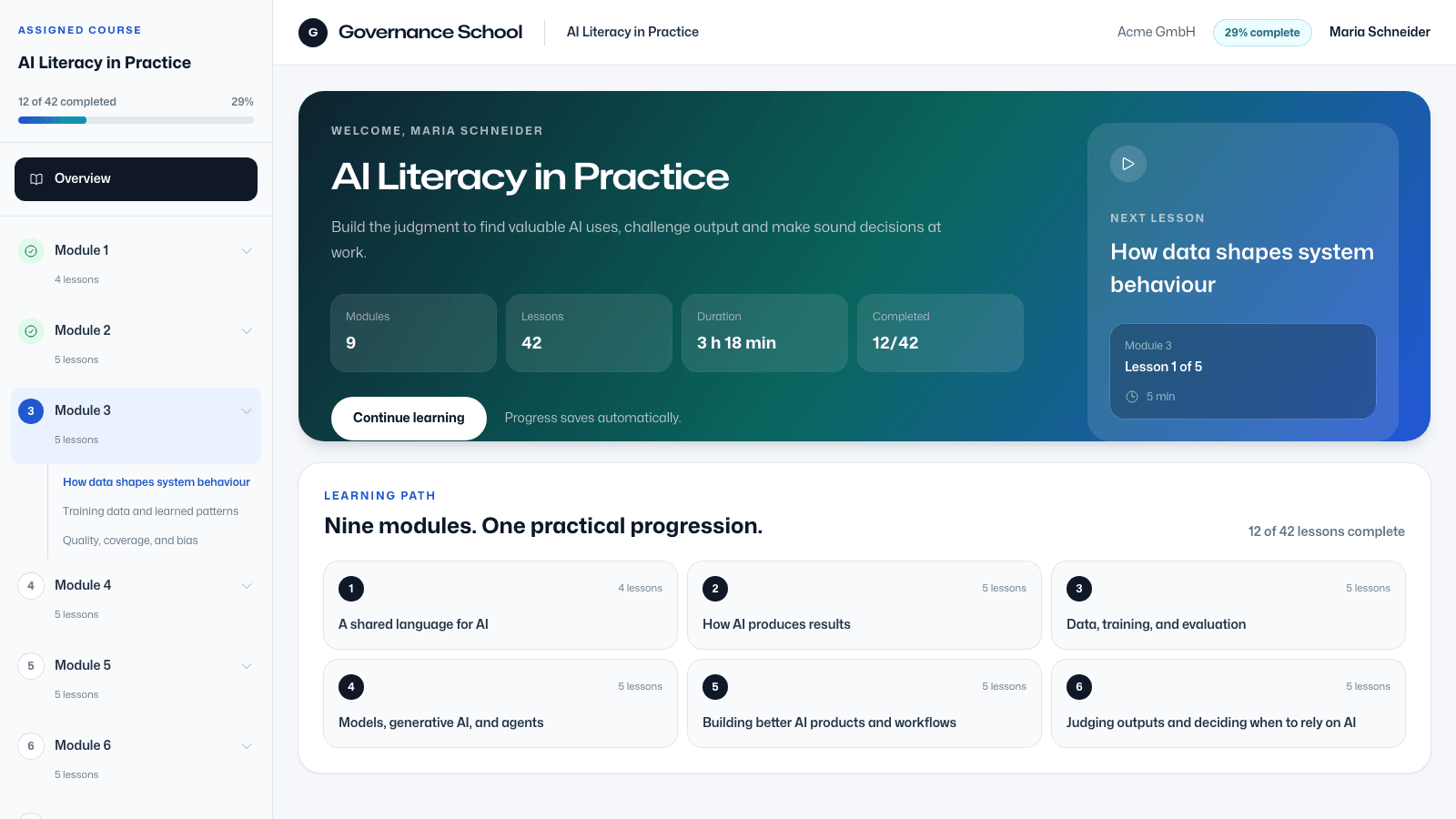 AI Literacy in Practice learner course overview in a fictional demonstration account