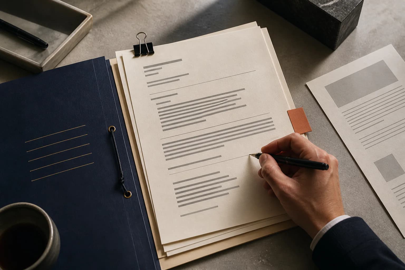A human reviewer annotates an AI decision file beside an escalation marker.