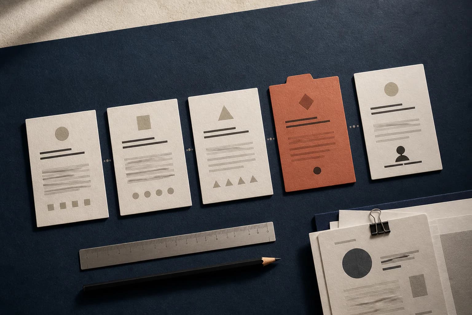 Five abstract decision cards form an AI risk classification sequence.