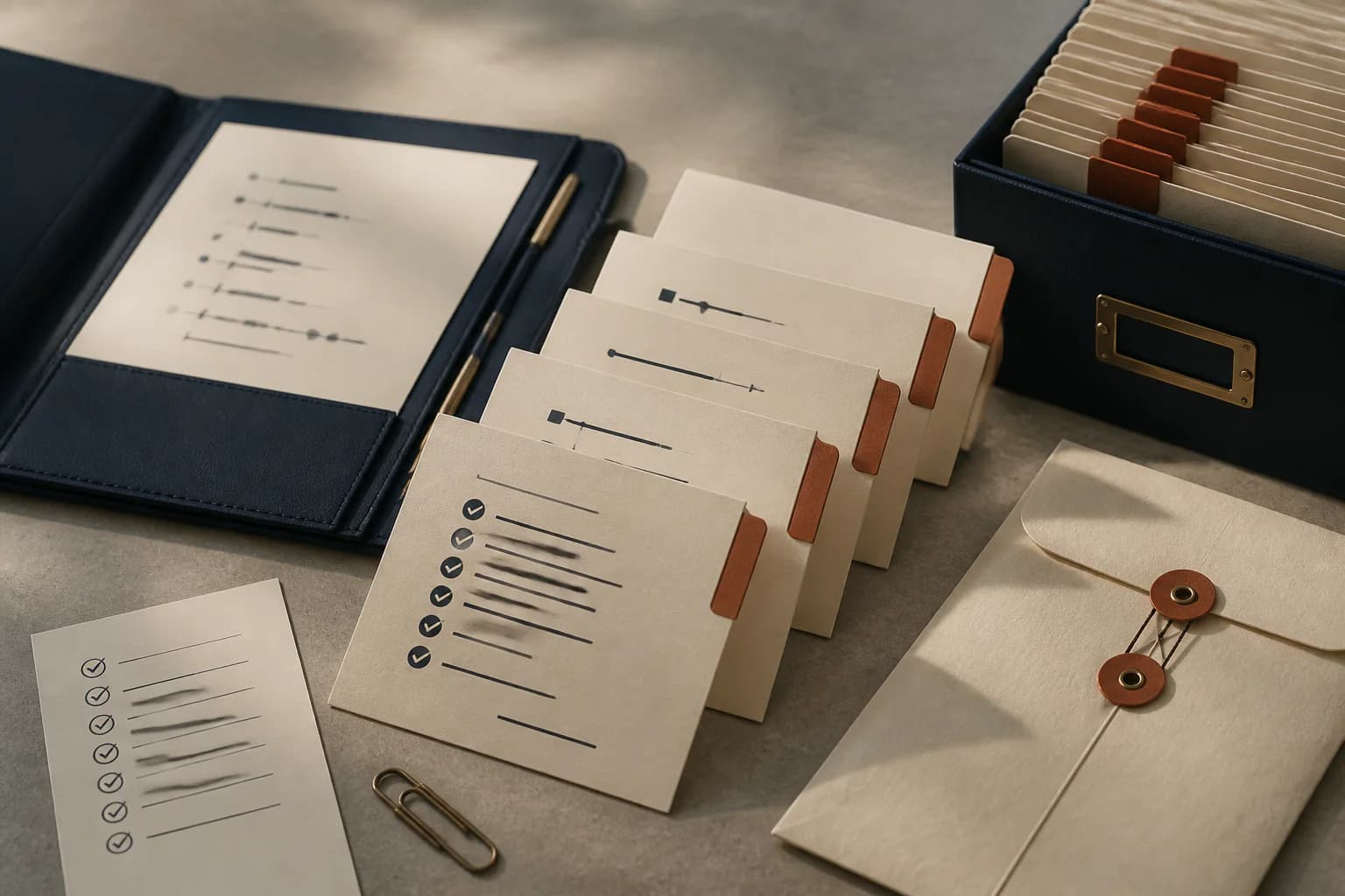 An evidence file moves through tabbed stages into an archive.