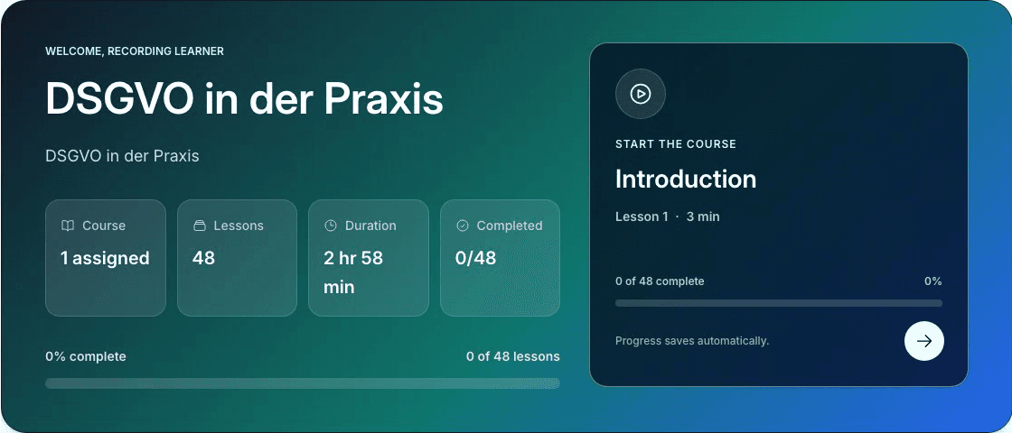 Real DSGVO in der Praxis course overview showing released modules and learner progress