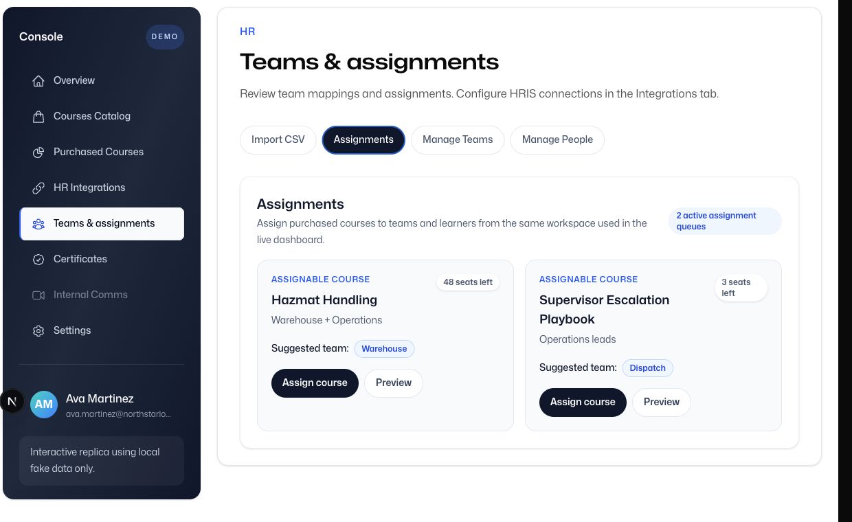 Current teams and assignments screen showing assignable courses and suggested teams